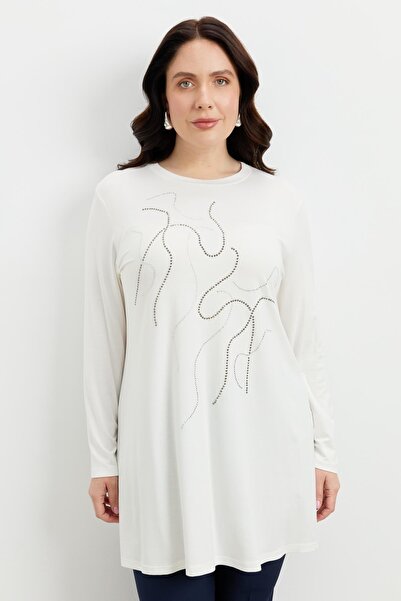 accort Büyük Beden Taş Detaylı Bluz-KEMIK