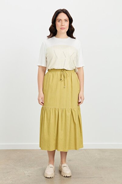 accort Büyük Beden Volanlı Uzun Etek-SARI