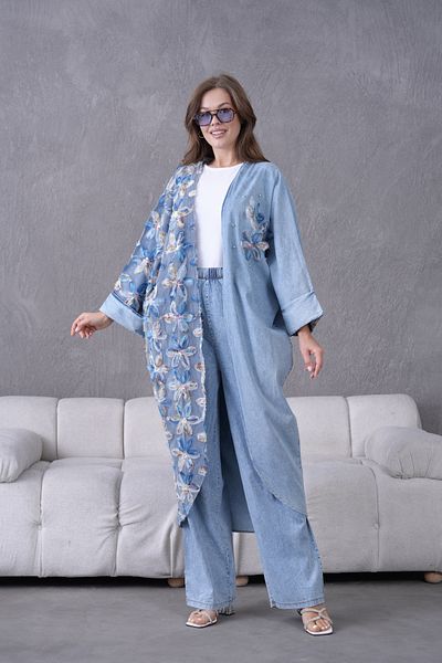 Miss Allos Women's Tulle Flower Embroidered Stone Detailed Denim Kimono Cardigan and Denim Pants Bottom Top Set
