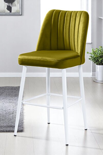 MYMASSA Ada Bar Sandalye - Babyface Sarı Kumaş - Metal Beyaz Ayak - Mutfak Sa...