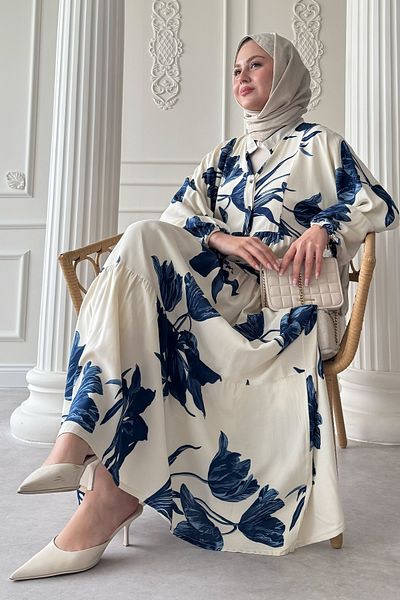 InStyle Large Orchid Pattern Navy Blue Viscose Dress