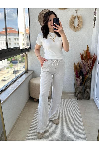 TUNAM BUTİK Line Patterned Cotton Trousers