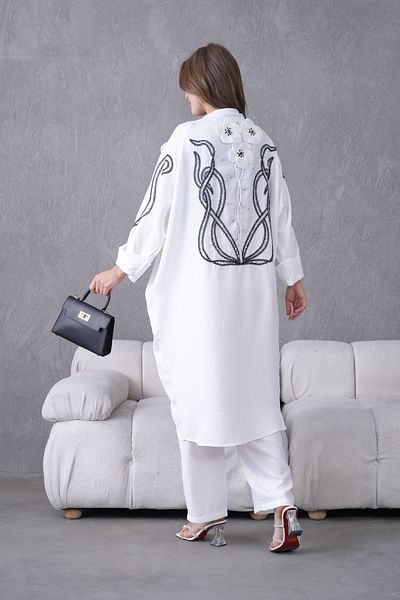Miss Allos Women's Back and Sleeves Sequin Embroidered Flower and Stone Embroidered Linen Cardigan and Pants Bottom Top Set