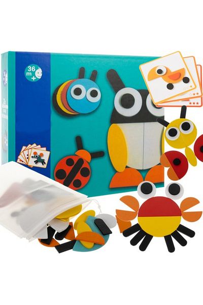 KRUZZEL Puzzle educativ din lemn Tangram cu figuri geometrice, geantă de depozitare, 20 de cărți de exemplu, 29 de culori multicolore