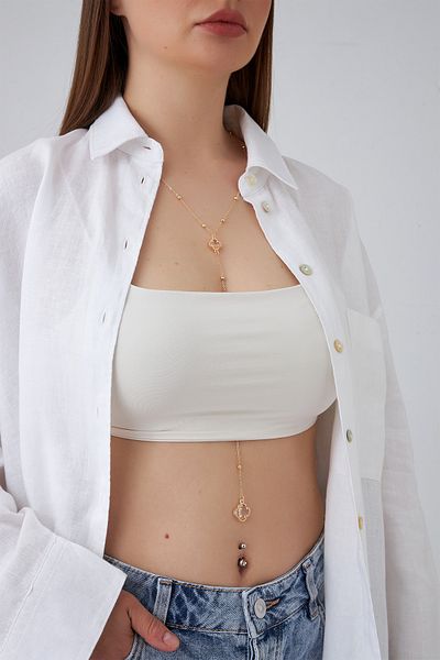 Modex Gold Color Clover Detailed Crop Y Necklace (110cm)