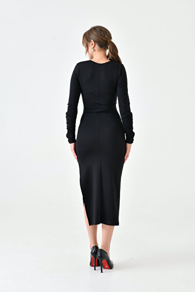 barış sülün lovebox Flexibilní potápěčská látka Midi délka Dvouřadý výstřih Detailní Dlouhý rukáv Černé večerní šaty 6031