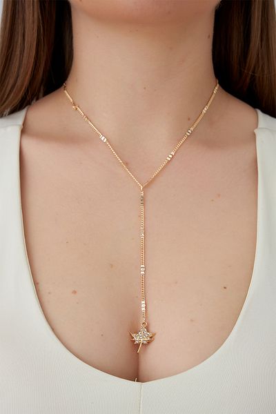 Modex Gold Color Stone Leaf Figured Y Necklace (60cm)