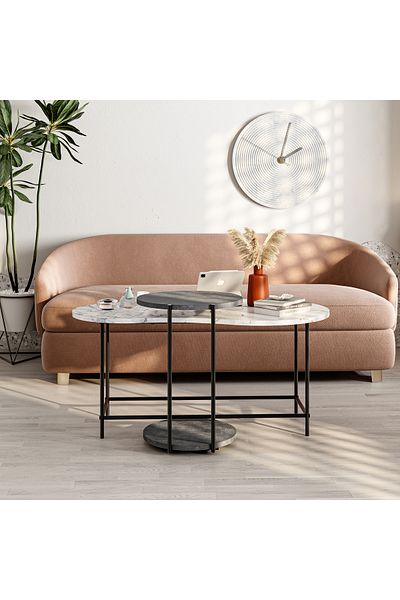Mourah Home Cuddle Coffee Tables 2 Nested Tables, Metal Legs, Marble White/Retro Grey