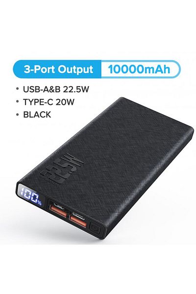 REDz Accessories Superfast Charge External Battery, 10000 Mah, 3 Outputs, Percentage Indicator, Black