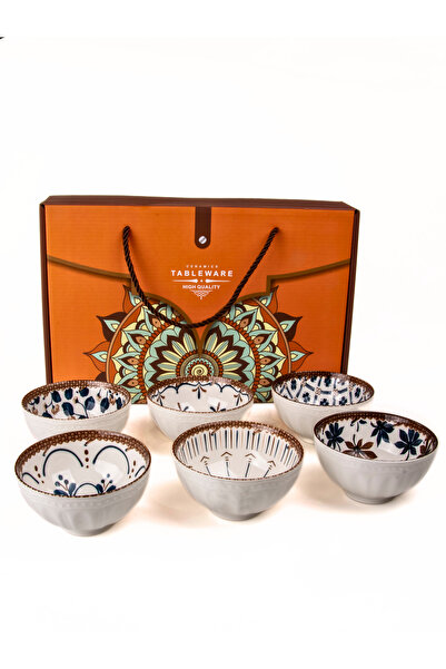 MUKKO HOME Set of 6 Patterned Porcelain Bowls 320 Ml, Soup, Breakfast, Snack Bowl Gift Boxed