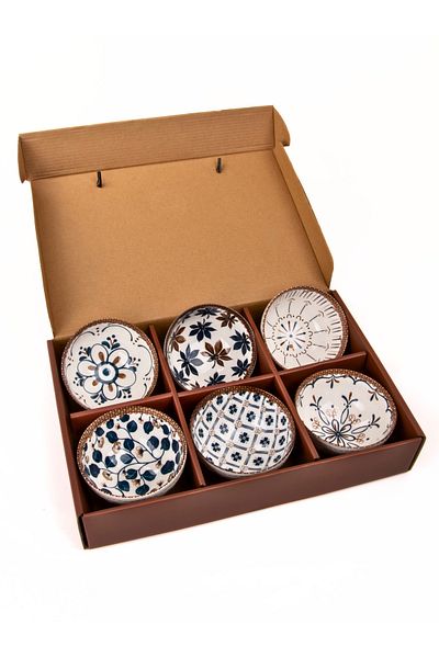MUKKO HOME Set of 6 Patterned Porcelain Bowls 320 Ml, Soup, Breakfast, Snack Bowl Gift Boxed