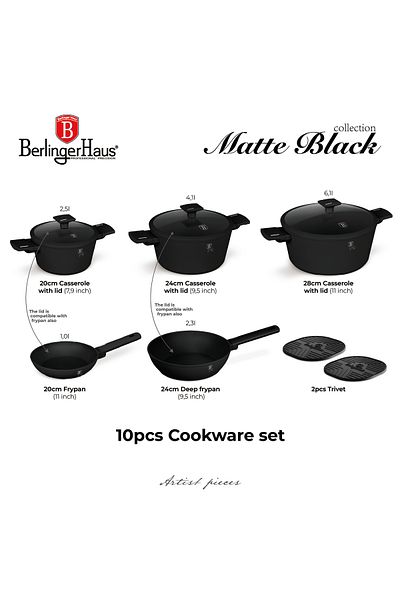 Berlinger Haus BerlingerHaus 10-Piece Cookware Set – Matte Black Collection, TitanPRO Non-Stick, Induction, Black