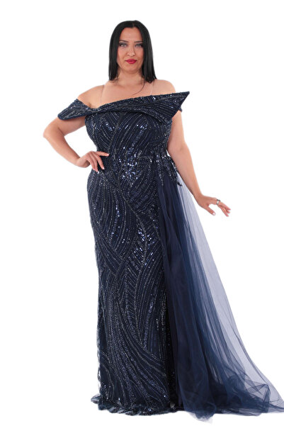 aşkın göksu Lacivert Straplez Düşük Beden Taş İşlemeli Yandan Şifon Allerli K...