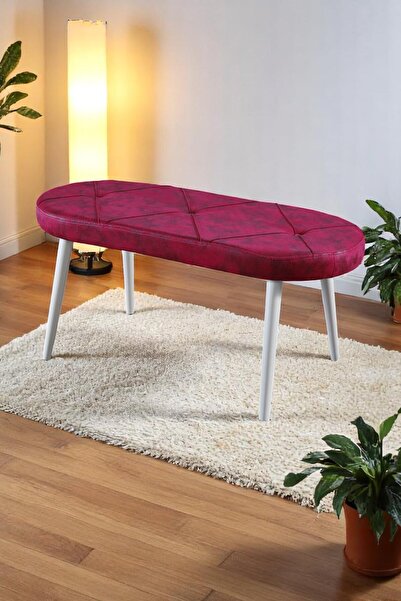 MYMASSA Bench - Milas Fuşya Kumaş - Ahşap Beyaz Ayak - Mutfak Benchi - Puf - ...
