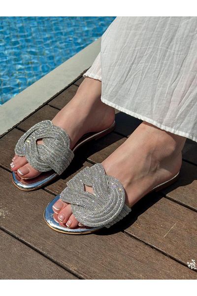 ERVANIN BUTİĞİ Silver (Wulf) Stone Detailed Women's Slippers