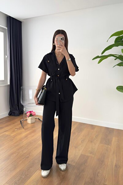 My Blog Set pantaloni bluză cu curea cu nasturi negre - 7207