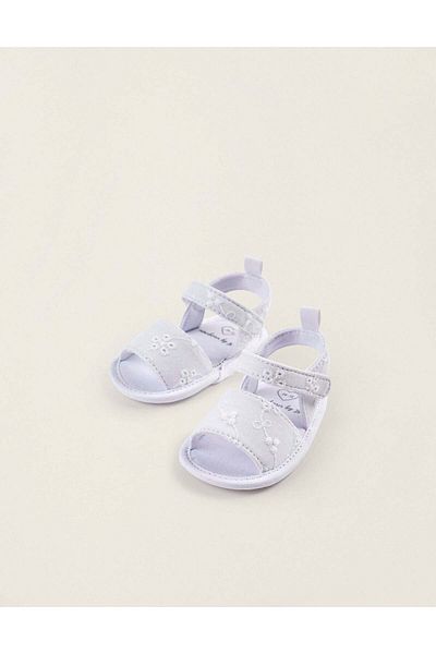 Ziddy Sandals with Floral Embroidery for Newborn Girls, White