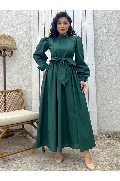 KÜÇÜĞÜM BUTİK Rochie evazată din popelin cu fundă mare verde smarald Hijab
