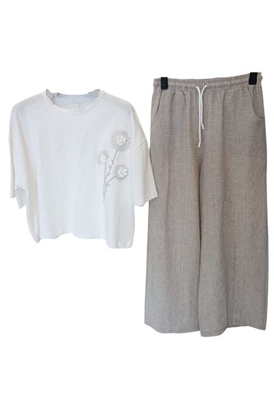 İrem Çocuk Giyim Girl's T-Shirt Flower Embroidery Embroidered Linen Pants Suit