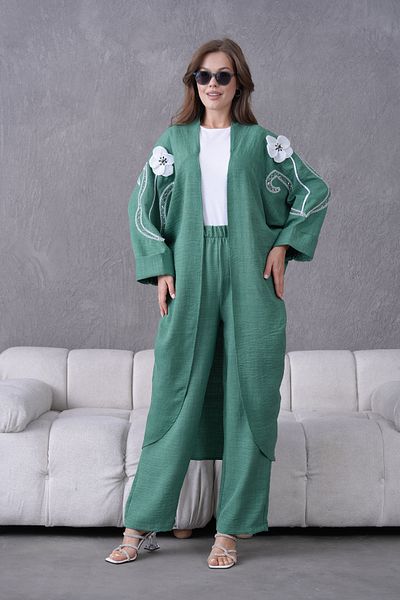 Miss Allos Women's Back and Sleeves Sequin Embroidered Flower and Stone Embroidered Linen Cardigan and Pants Bottom Top Set