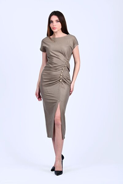 la luce Haki Drapeli Düğme Detaylı Elbise - QE341