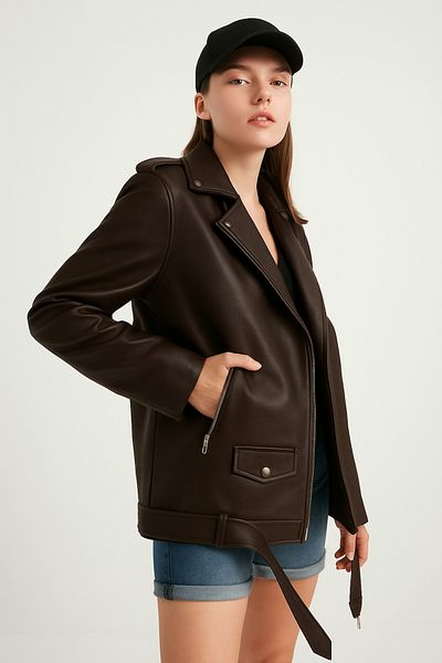 MEECY Übergroße Biker-Lederjacke für Damen