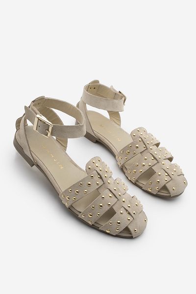 Marjin Damen-Sandalen aus echtem Leder mit Knöchelriemen und geschlossener Vorderseite mit Nieten, Zayne Beige Wildleder