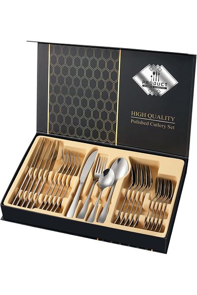 COOYA 24-Piece Stainless Steel High-Quality Cutlery Set, Including Knife, Fork, Spoon, 39.6x5.5x25.7 Cm