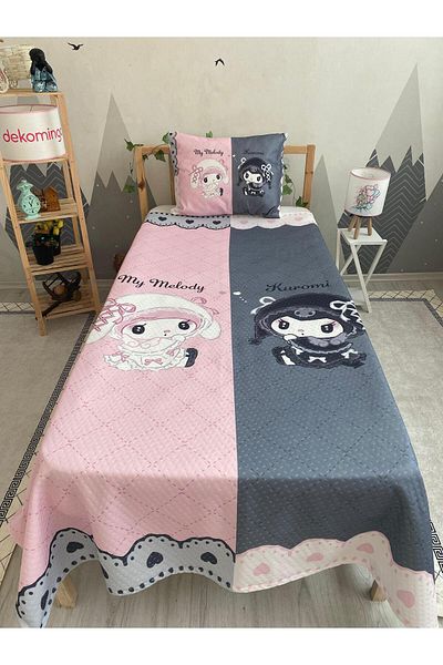 dekomingo Pink and Gray Striped Kuromi and Melody Baby and Children's Room Pi̇ke Set