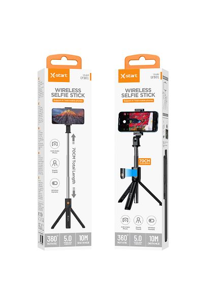 REDz Accessories Stick selfie cu trepied X-Start LY101, telecomandă, Bluetooth 5.0, extensie telescopică 70 cm, negru