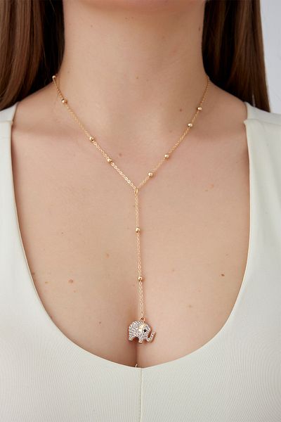 Modex Gold Color Ball Chain Stone Elephant Figured Y Necklace (60cm)