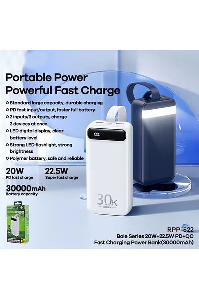 REDz Accessories Remax Rpp-522 Battery, 30,000mah, Multiple Charging, 20w 22.5w, Led Flashlight, White