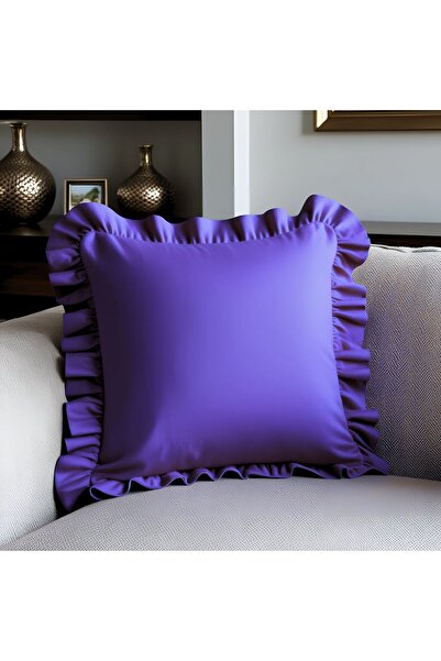 Bc Home Mor Kadife Görünümlü Country Fırfırlı Kare Kırlent Kılıfı Yumuşak Dok...