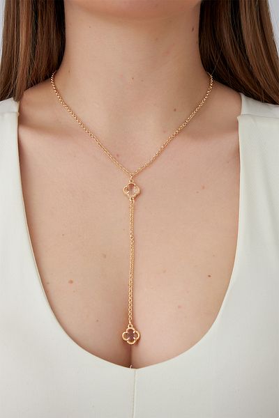 Modex Gold Color Stone Clover Figured Y Necklace (60cm)