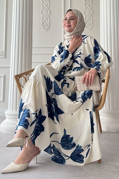 InStyle Large Orchid Pattern Navy Blue Viscose Dress