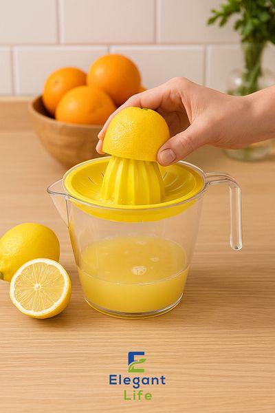 ELEGANT LIFE Citrus Juicer – Practical Handheld Lemon & Orange Squeezer with Clear Chamber, Non-Slip Base