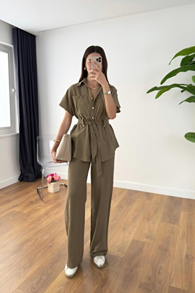 My Blog Σετ παντελόνι μπλούζα με ζώνη με κουμπιά χακί - 7207