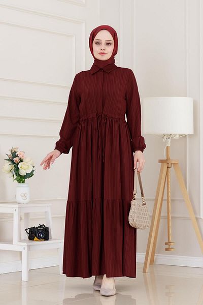 Sevitli Rochie Sare cu tunel în talie cu guler cămașă-Burgundy