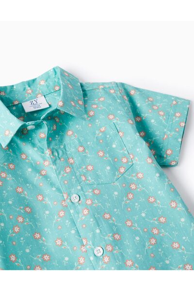 Ziddy Floral Cotton Shirt for Baby Boys, Aqua Green