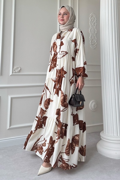 InStyle Büyük Orkide Desen Kahvrengi Viskon Elbise