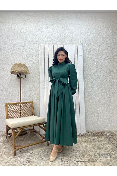KÜÇÜĞÜM BUTİK Rochie evazată din popelin cu fundă mare verde smarald Hijab