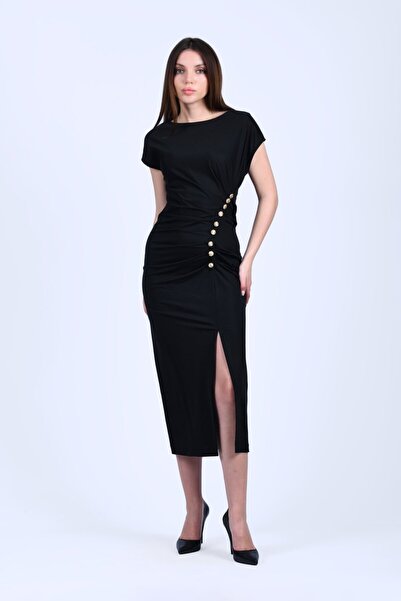 la luce Siyah Drapeli Düğme Detaylı Elbise - QE341