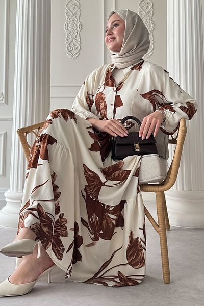 InStyle Large Orchid Pattern Brown Viscose Dress