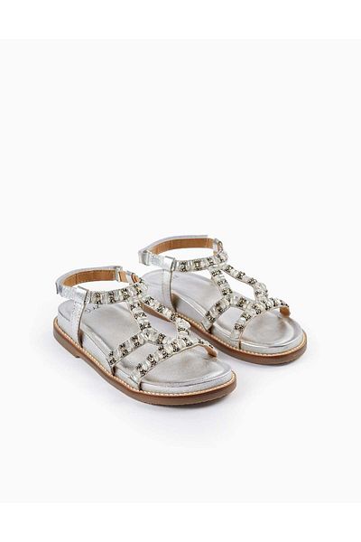 Ziddy Leather Sandals with Beads for Girls, Silver