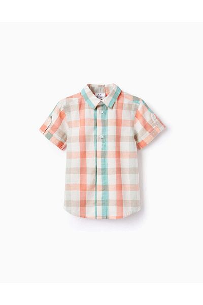 Ziddy Checked Shirt in Cotton for Baby Boys 'B&S', Aqua Green/Coral