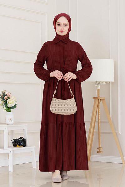 Sevitli Rochie Sare cu tunel în talie cu guler cămașă-Burgundy