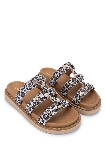 Tamer Tanca Women's Genuine Leather Beige Leopard Flat Slippers