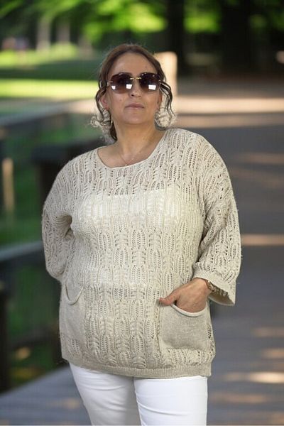 yagmurberen Crew Neck Slit Spanish Sleeve Openwork Double Pockets Italian Mercerized Large Size Blouse Sweater