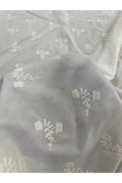 METERİAL Beyaz Çiçek Nakışlı İnce Pamuk Kumaş – 135 cm En | Yazlık Elbiselik ve Bluzluk