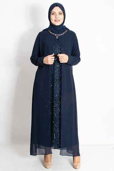 SUBU TASARIM Sequin Sequin Detailed Evening Dress Navy Blue Tbsmda2218
